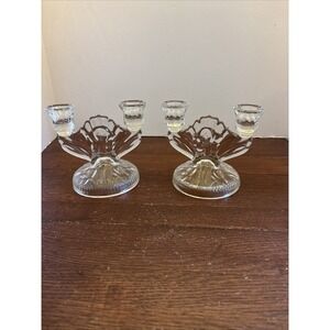 Jeanette Glass Iris and Herringbone‎ Set of 2 Double Candlestick Holders Vintage